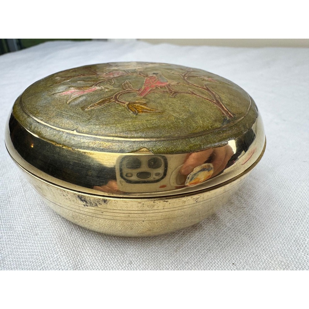Vintage Brass Champleve Trinket Compact Bowl Bird Floral Enamel Lid Jewelry Box - Picture 3 of 11